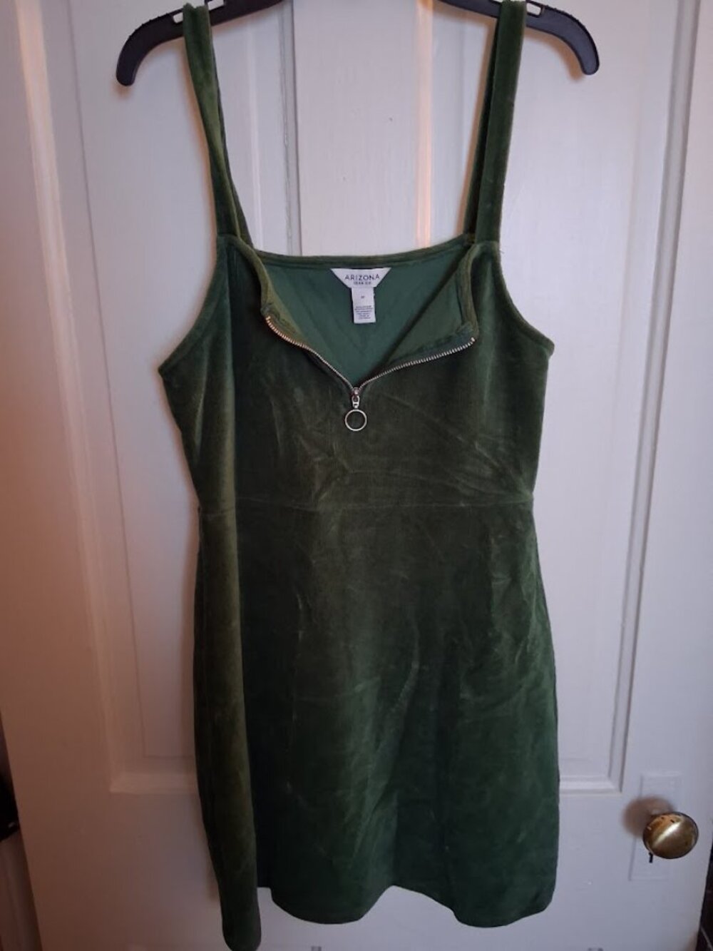 Arizona Jean Co Velvet Mini Dress Womens Medium Green Zip Front Sleeveless